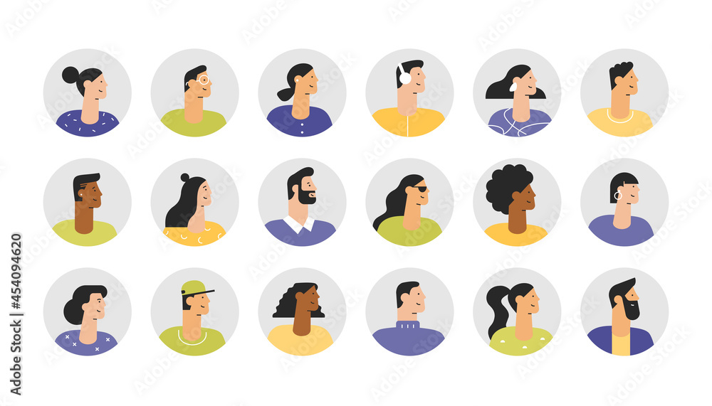 Set of profile portraits of male and female characters. Collection of modern people avatars. Colourful user pics. Vector illustration in flat design style, isolated on white