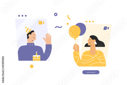 Young people celebrate and congratulate each other through the screens of devices. Birthday online. Social distance and online communication. Vector cartoon illustration, flat design, isolated