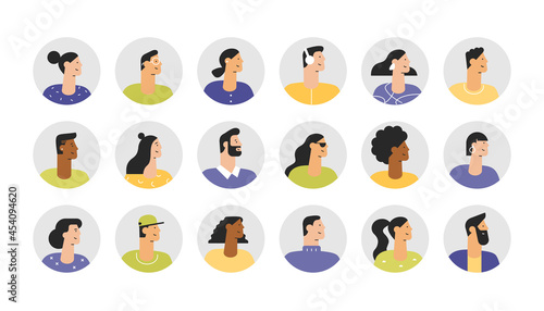 Set of profile portraits of male and female characters. Collection of modern people avatars. Colourful user pics. Vector illustration in flat design style, isolated on white