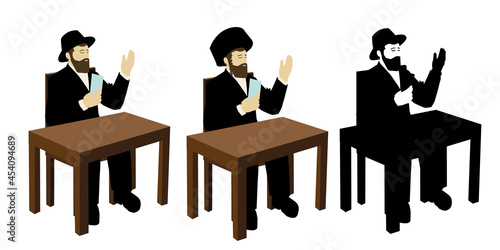 An ultra-Orthodox Jew, observant. Says the blessing of food. Holding a prayer sheet in his hand. Sitting at a table. Wearing a hat and suit and streimel the head.
Colorful vector And black silhouette