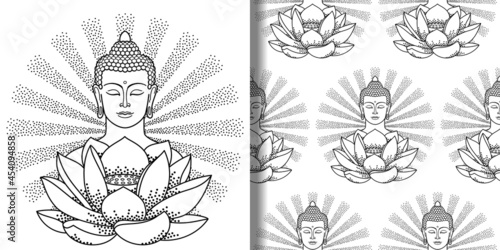 Buddha with rays and lotus print and seamless pattern