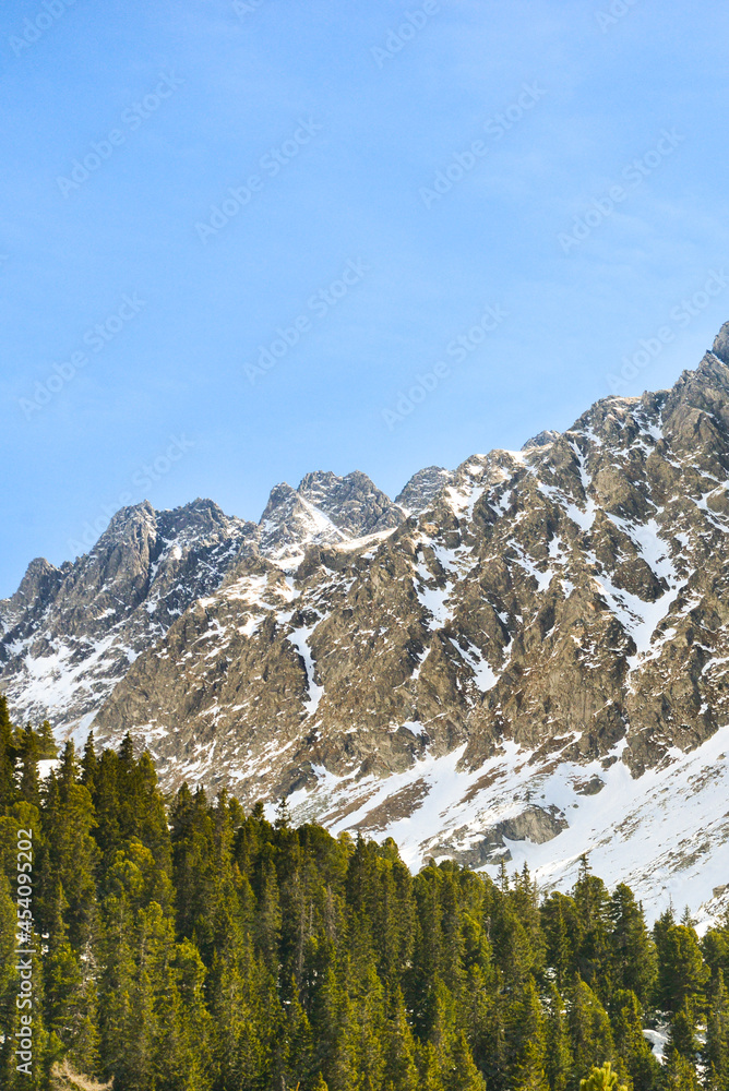 Rocky mountains in winter covered with snow and with green coniferous trees. High Tatras-Popradske pleso (lake), Slovakia.