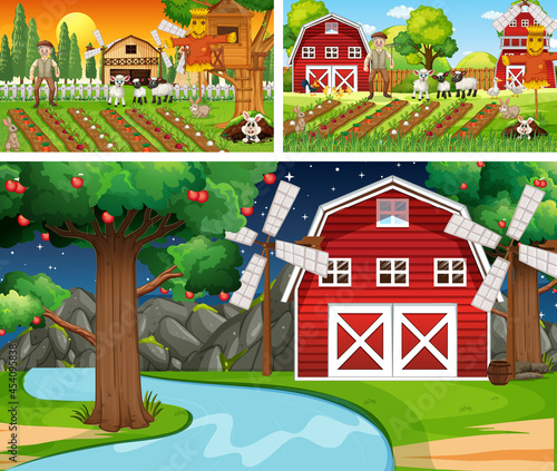 Different farm scenes with farm animals cartoon character