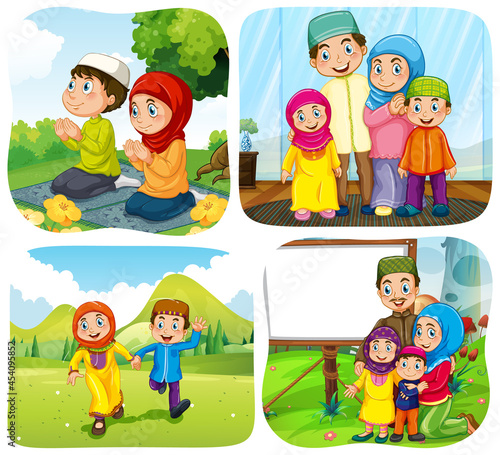 Set of muslim people cartoon character in different scene