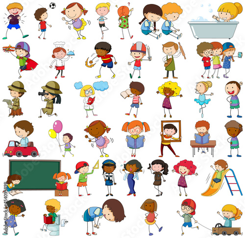 Set of different doodle kids cartoon character isolated