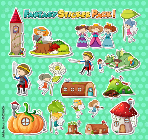 Sticker set with different fantasy cartoon characters