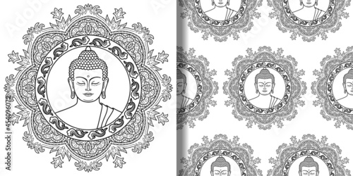 Buddha with mandala print and seamless pattern