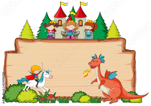 Blank wooden banner with fantasy cartoon character isolated