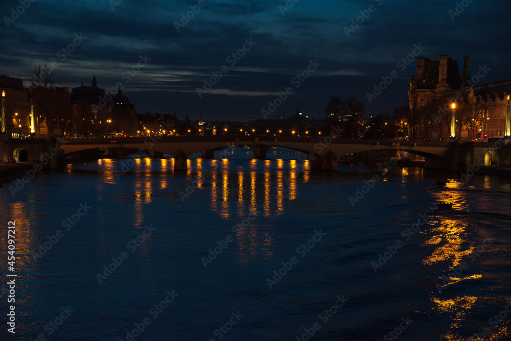 Paris, France. Seine river romantic evening landscape.