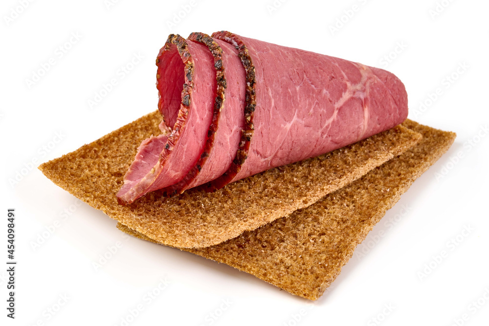 Smoked tenderloin sandwich, isolated on white background.