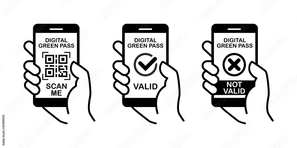 Digital Green pass icons Valid and Invalid . Access to free movement during the coronavirus pandemic. Line art vector on transparent background. - obrazy, fototapety, plakaty 