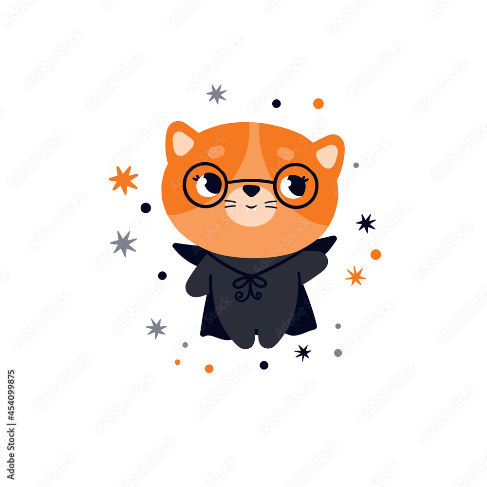 Fototapeta premium Cute cat in a vampire costume. Vector clipart for Halloween