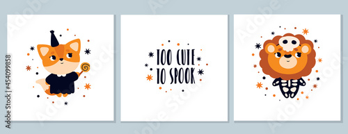 A set of Halloween cards with cute animals for baby. Vector cards for children with a lion in a skeleton costume and a fox witch