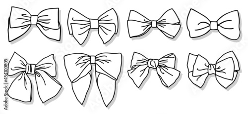 Tie bow collection. Hand drawn, doodled vector illustration bundle. Outline with white fill and grey shadow, isolated gift wrapping decoration.