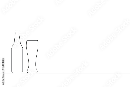 Beer bottle and beer glass outline on the table. Contour on white background. Beer house symbol. Background template. Vector illustration