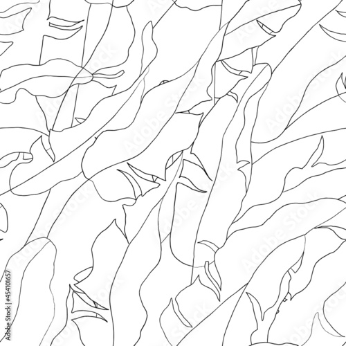 Foliage seamless pattern, hand drawn black and white banana leaves