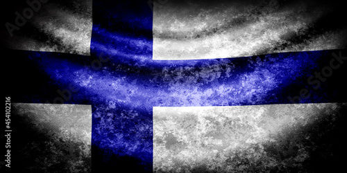 Finland wavy flag in grunge style with darkened edges. Aged texture