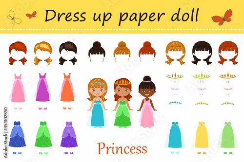 Dress up princess paper doll. Set of cute characters. Flat cartoon style. Vector illustrations