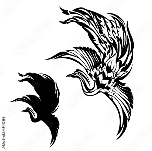 mythical phoenix bird flying with spread wings - fairy tale creature black and white vector outline and silhouette