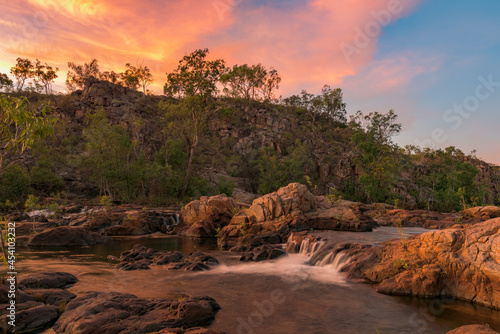 Sunset by flowing stream