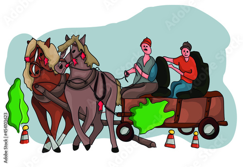 Vector simple illustration, cart-horse competition, combine driving