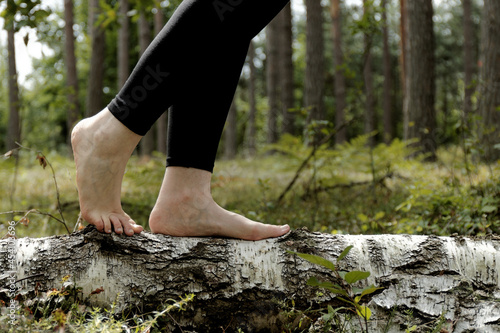 Woman is walking barefoot on birch tree trunk in forest area. Mindful walk and nature connection. photo