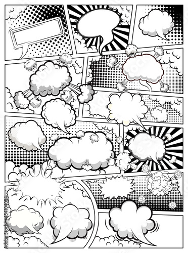 Comic book black and white page template divided by lines with speech bubbles. Vector illustration.
