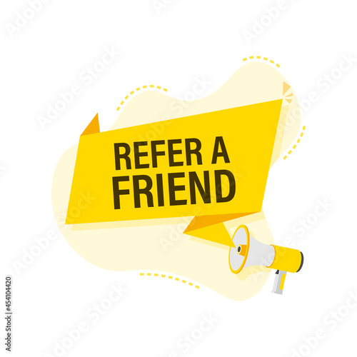 Hand holding megaphone, refer a friend. Vector illustration