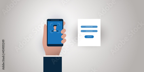 Face Recognition Concept Design -  User Authentication by Face for a Website or an Online Service on Smartphone - Vector Illustration