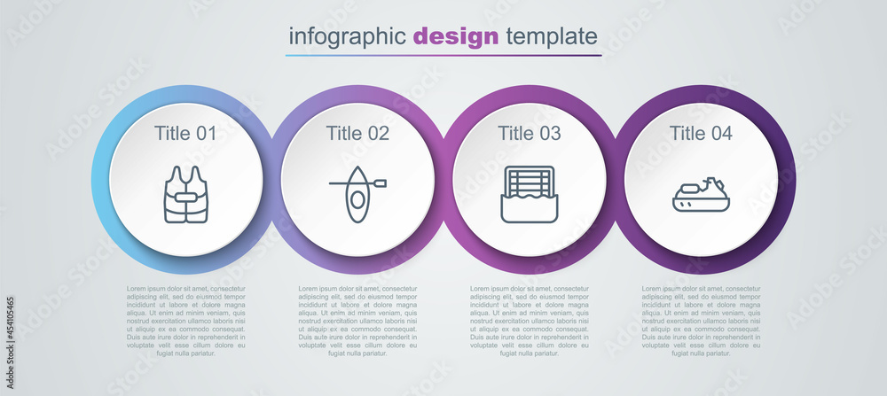 Set line Life jacket, Kayak and paddle, Water polo and Jet ski. Business infographic template. Vector Set line Life jacket, Kayak and paddle, Water polo and Jet ski. Business infographic template. Vector