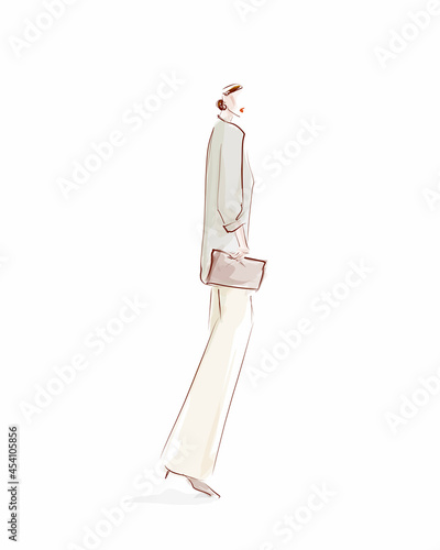 Young stylish woman. Fashion illustration in sketch style. Vector