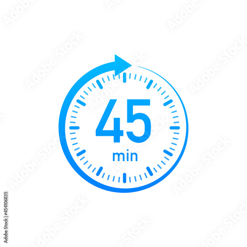 The 45 minutes, stopwatch vector icon. Stopwatch icon in flat style, timer on on color background. Vector illustration.