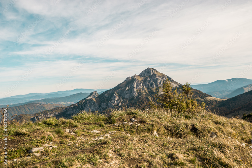 View on Velky Rozsutec peak in Mala Fatra mountains, Slovakia. Sunny day and autumn mood in slovak mountains. 