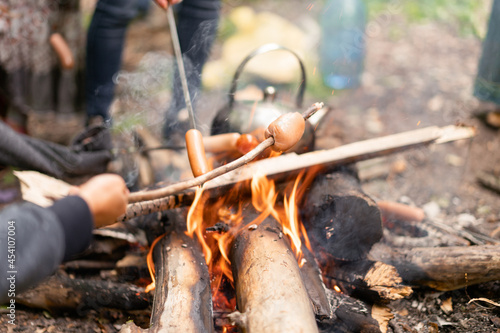 Teapot Sauasge Grilled Campfire On Nature Picnic Bonfire Preparing Food