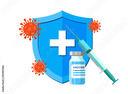 Coronavirus infection vaccine ampoule with syringe on blue health care shield. COVID-19 disease vaccination shot. Medical 2019-ncov protection drug. Human immunization campaign vector isolated icon