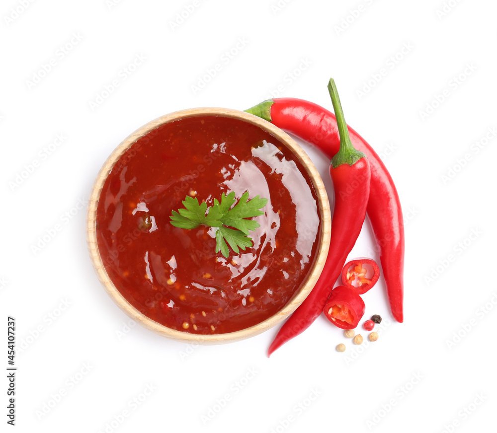 Spicy chili sauce on white background, top view Spicy chili sauce on white background, top view