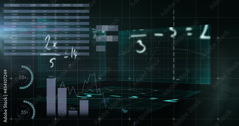 Mathematical equations floating against statistical data processing against black background Mathematical equations floating against statistical data processing against black background