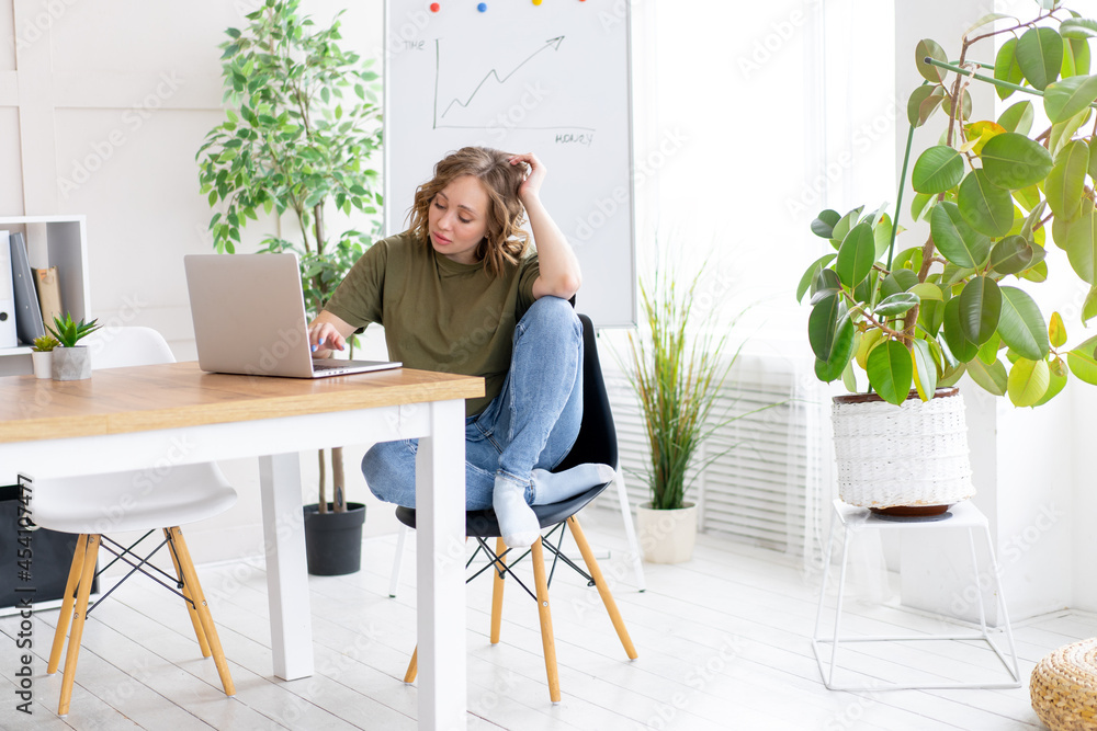 Business woman using laptop sitting desk white modern office interior with houseplant Business woman using laptop sitting desk white modern office interior with houseplant