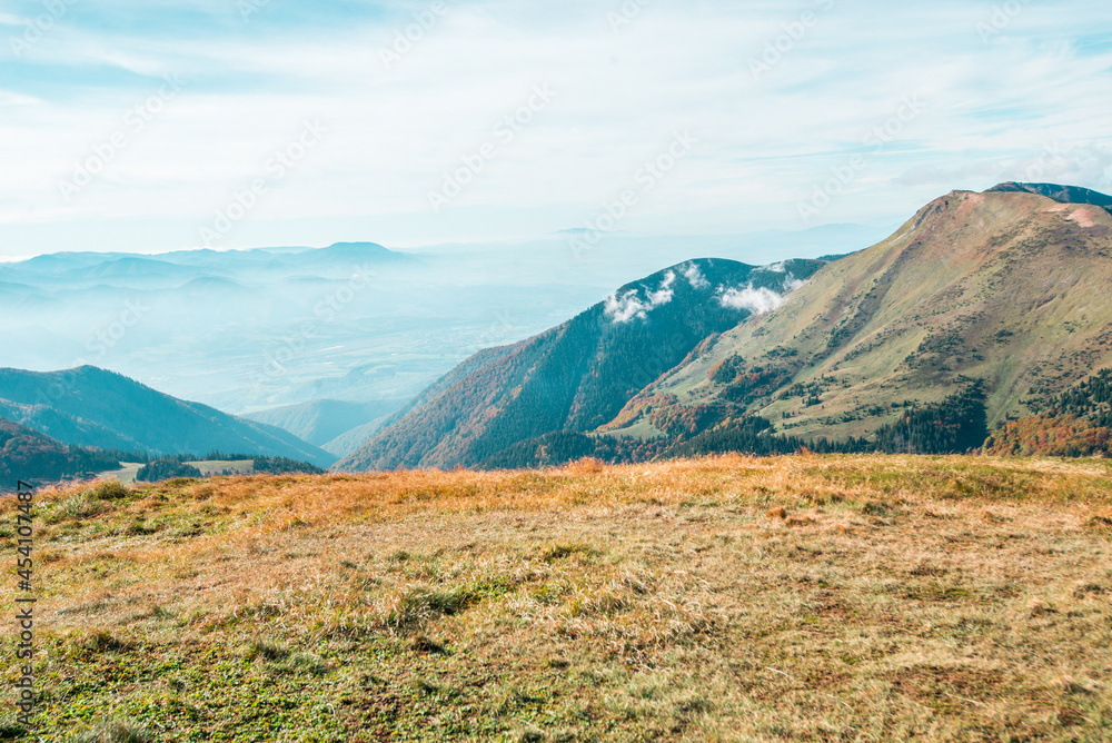 Naklejka premium View from Mala Fatra national park. Panoramic mountain landscape in Slovakia near Terchova. Autumn colors of nature.