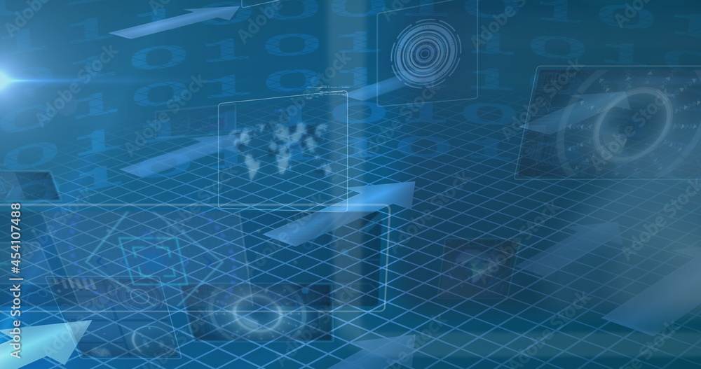 Image of scopes scanning and data processing on screens over arrows on grid Image of scopes scanning and data processing on screens over arrows on grid