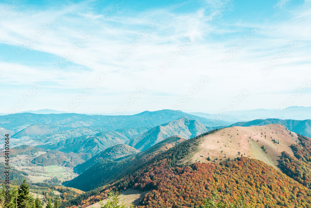 Fototapeta premium View from Mala Fatra national park. Panoramic mountain landscape in Slovakia near Terchova. Autumn colors of nature.