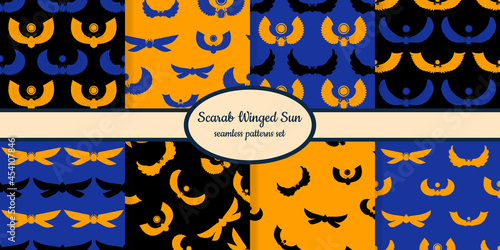 Collection of seamless patterns with egyptian symbol Scarab Winged sun designed for web, fabric, paper and all prints 