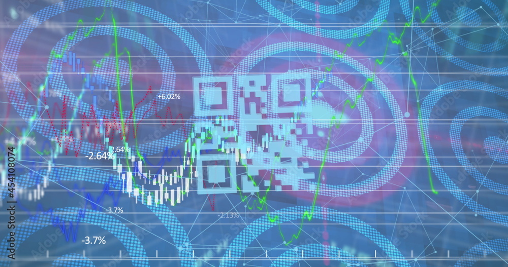 Image of colourful qr codes floating with graphs data and information over white red circles