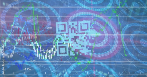 Image of colourful qr codes floating with graphs data and information over white red circles