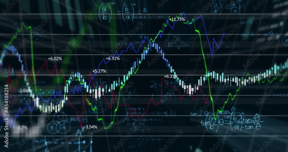 Image of stock exchange market information with mathematical formulae and data processing Image of stock exchange market information with mathematical formulae and data processing
