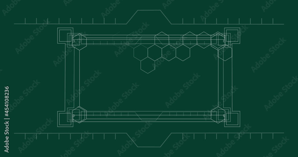 Image of data processing and digital geometric hexagon shapes on green background