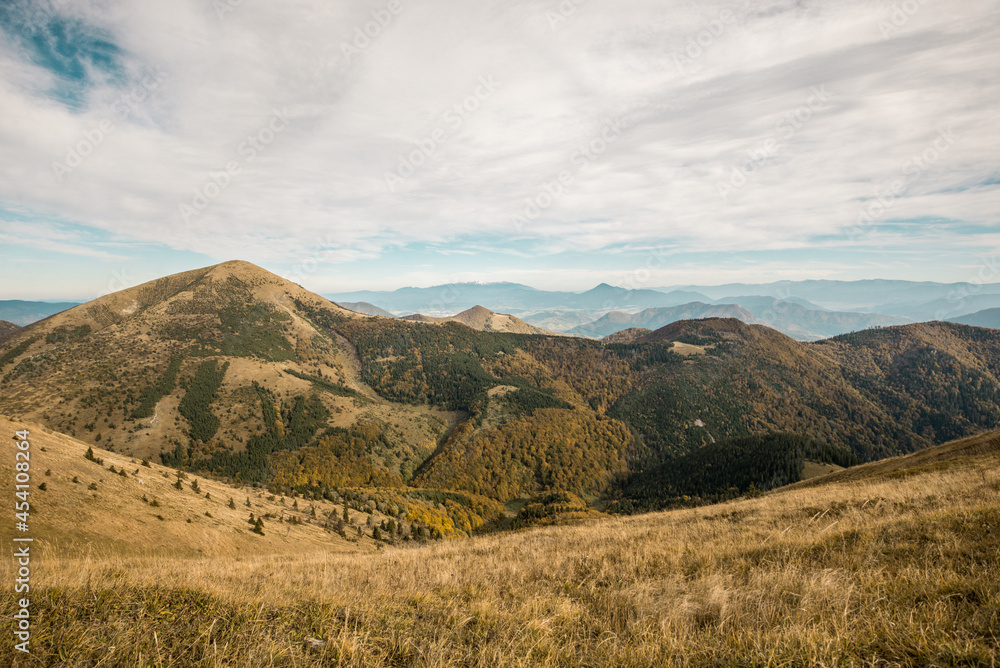 View from Mala Fatra mountains in national park. Panoramic mountain landscape in Slovakia near Terchova. Autumn colors of nature.