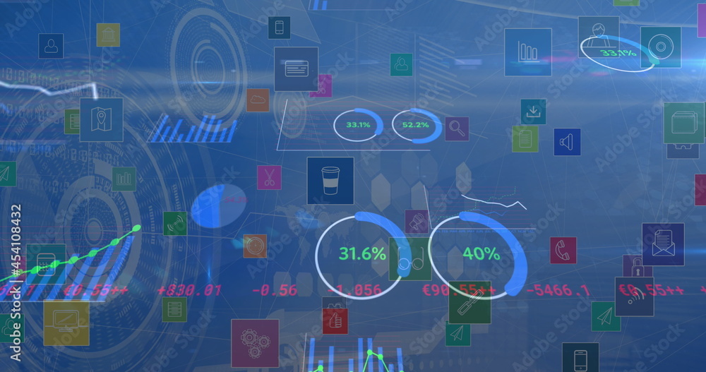 Image of financial data processing over scopes scanning and digital icons Image of financial data processing over scopes scanning and digital icons