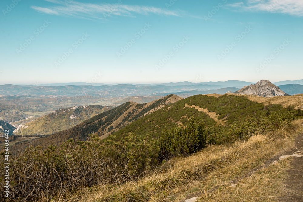 View from Mala Fatra mountains in national park. Panoramic mountain landscape in Slovakia near Terchova. Autumn colors of nature.