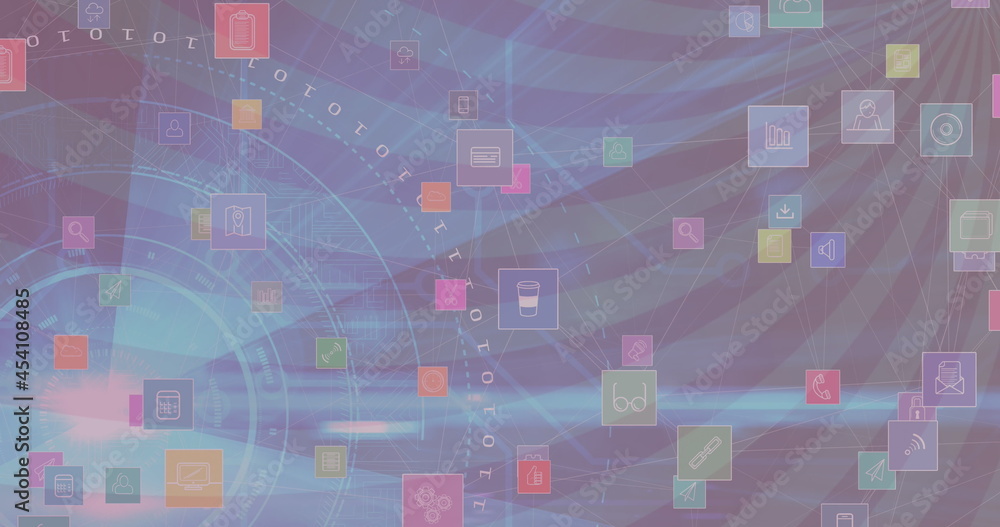 Fototapeta premium Image of digital icons and scopes scanning over spinning stripes in background